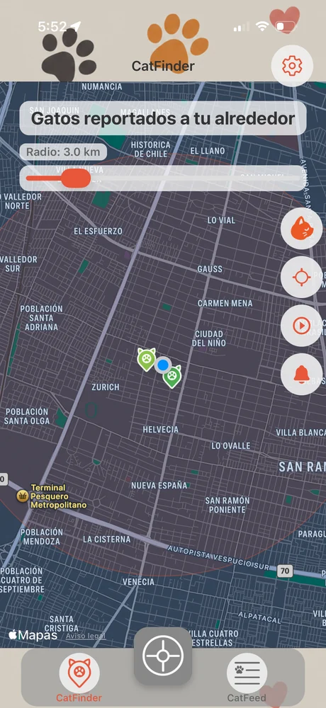 Pantalla principal: mapa con los gatos reportados alrededor de tu ubicación