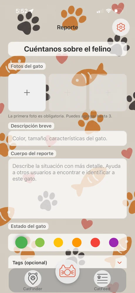 Pantalla de reporte: formulario para agregar fotos, descripción y estado del gato